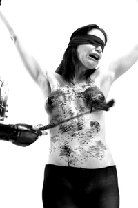 Naked chick is tied, by her master