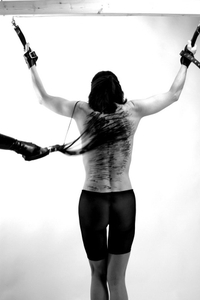 Naked chick is tied, by her master